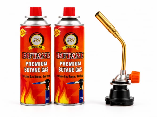 RUSTAR Butane Gas 230g x 2 with Manual Gas Torch | Portable Butane Gas Canisters & Torch Combo