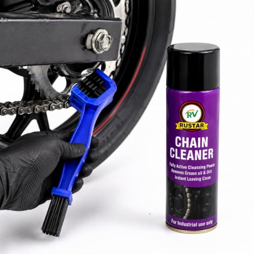RUSTAR Motorcycle Chain Cleaning Kit | 150ml Chain Cleaner + 150ml Chain Lubricant + 250ml Bike Polish with Brush & Sponge