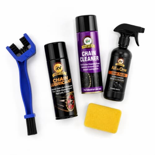 RUSTAR Motorcycle Chain Cleaning Kit | 150ml Chain Cleaner + 150ml Chain Lubricant + 250ml Bike Polish with Brush & Sponge