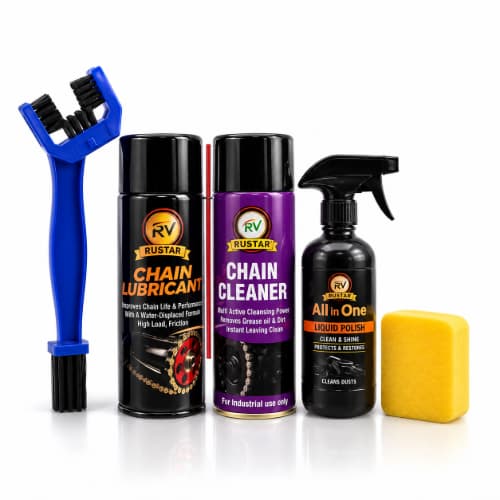 RUSTAR Motorcycle Chain Cleaning Kit | 150ml Chain Cleaner + 150ml Chain Lubricant + 250ml Bike Polish with Brush & Sponge