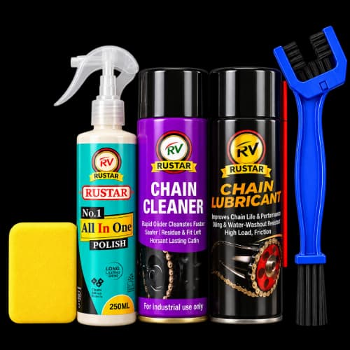 Rustar Complete Bike Care Combo – 500ml Chain Lubricant + 500ml Chain Cleaner + 250ml Bike Polish + Brush + Sponge