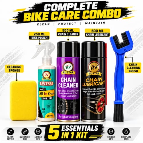 Rustar Complete Bike Care Combo – 500ml Chain Lubricant + 500ml Chain Cleaner + 250ml Bike Polish + Brush + Sponge