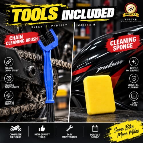 Rustar Complete Bike Care Combo – 500ml Chain Lubricant + 500ml Chain Cleaner + 250ml Bike Polish + Brush + Sponge