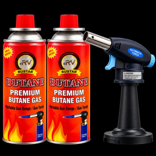 Rustar Butane Gas Combo with Automatic Torch – 2 Butane Gas Cans  + 1 Gas Torch
