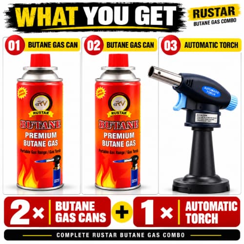 Rustar Butane Gas Combo with Automatic Torch – 2 Butane Gas Cans  + 1 Gas Torch