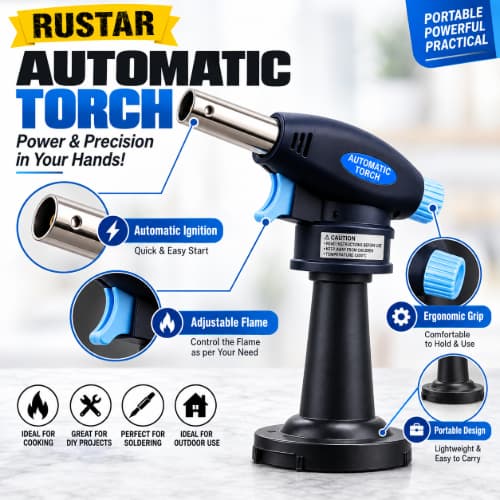 Rustar Butane Gas Combo with Automatic Torch – 2 Butane Gas Cans  + 1 Gas Torch