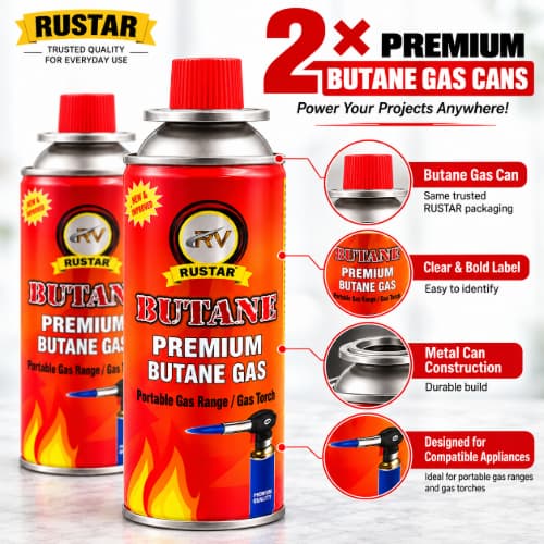 Rustar Butane Gas Combo with Automatic Torch – 2 Butane Gas Cans  + 1 Gas Torch