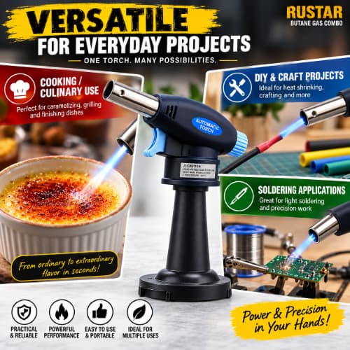 Rustar Butane Gas Combo with Automatic Torch – 2 Butane Gas Cans  + 1 Gas Torch