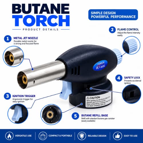 Rustar Butane Gas Torch Lighter – Refillable Adjustable Flame Blow Torch for Cooking, BBQ, Soldering & DIY