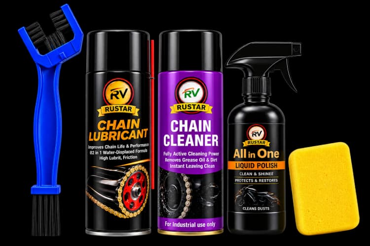 RUSTAR Motorcycle Chain Cleaning Kit | 150ml Chain Cleaner + 150ml Chain Lubricant + 250ml Bike Polish with Brush & Sponge